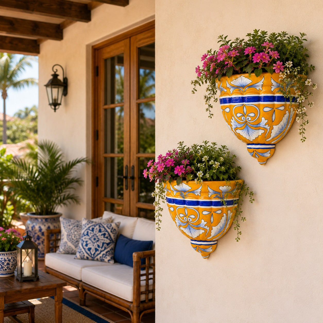 Two blue and orange talavera wall sconces with plants decorating a covered porch