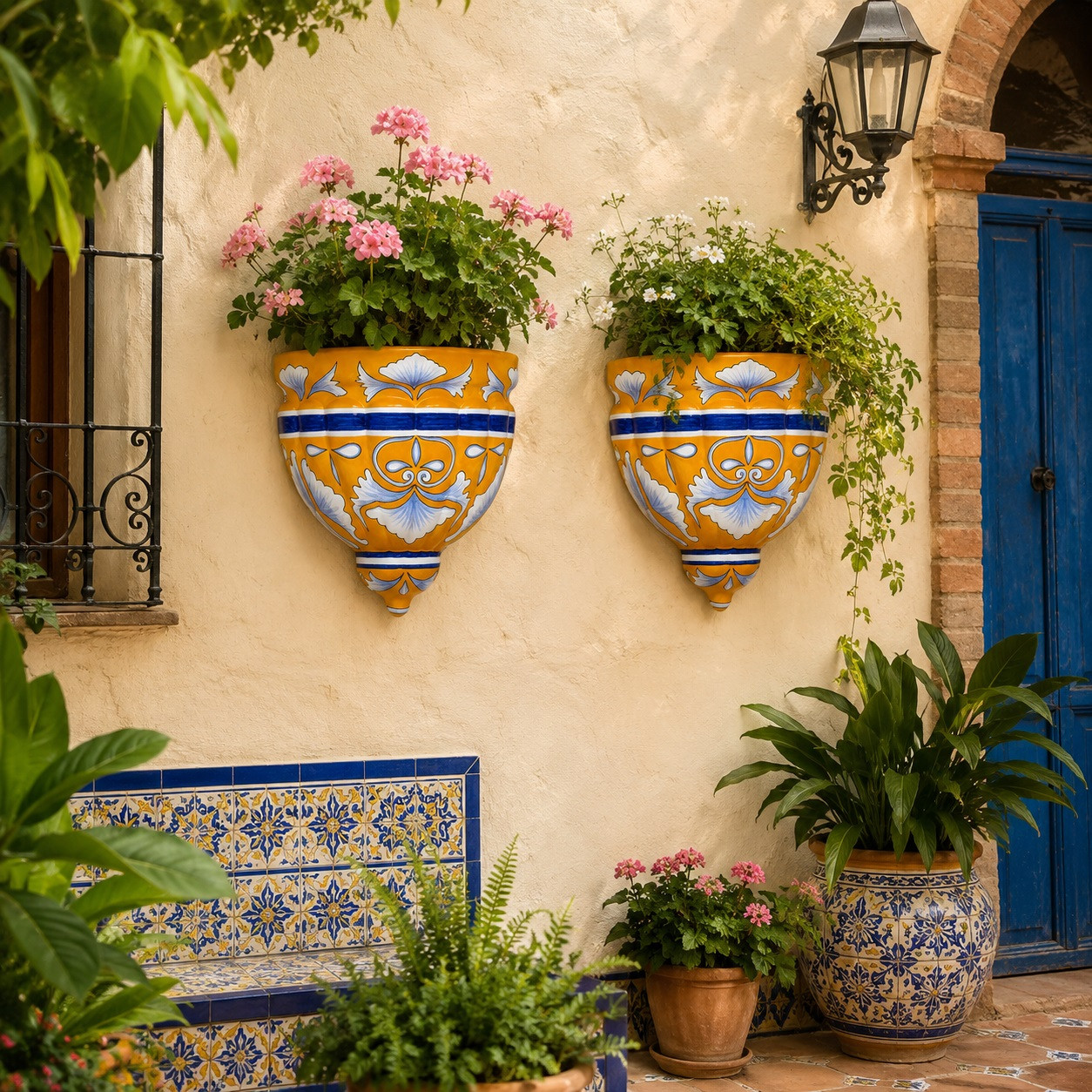 Mexican talavera wall sconces adding blue and orange color to a Spanish-style patio