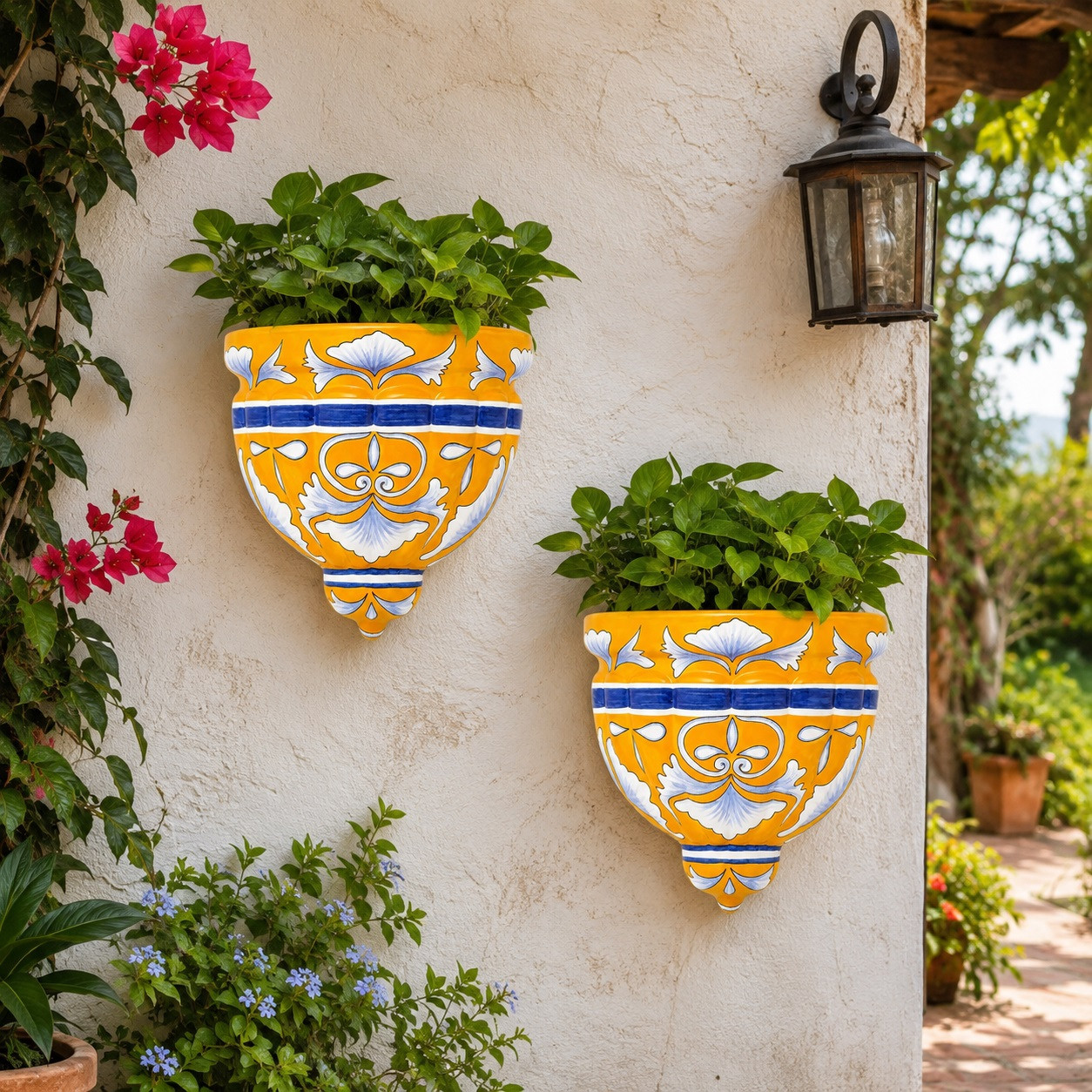 Blue and orange talavera wall sconces with flowers displayed on a sunny garden wall