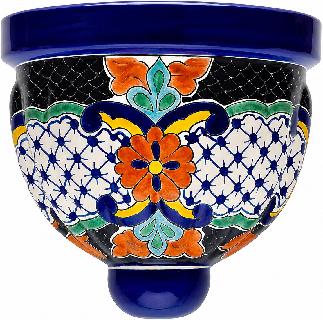 2 x Mexican talavera wall sconce with red and blue lattice design