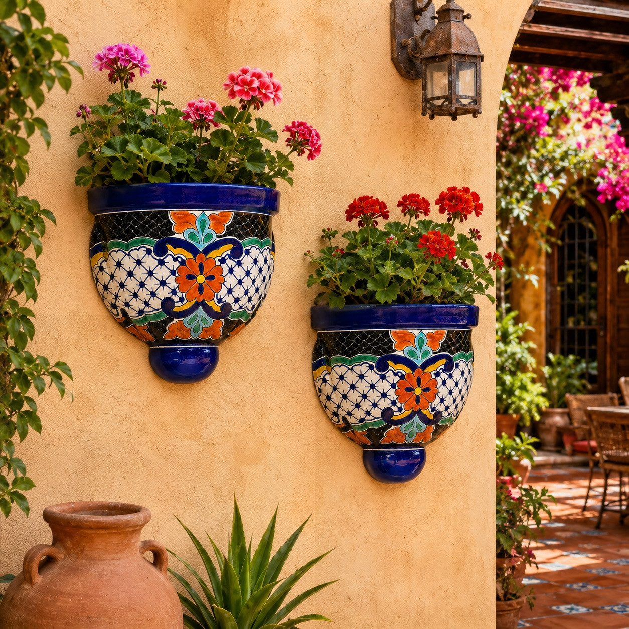 2 x Mexican Talavera Wall Sconce with Red and Blue Lattice Design