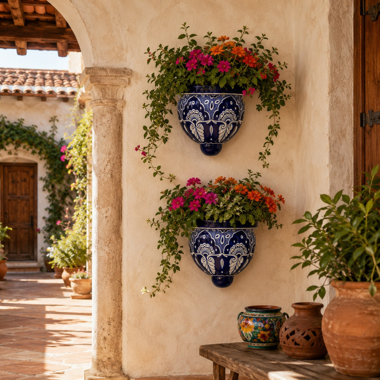 Cobalt blue talavera wall sconces with flowers displayed in a Mexican courtyard