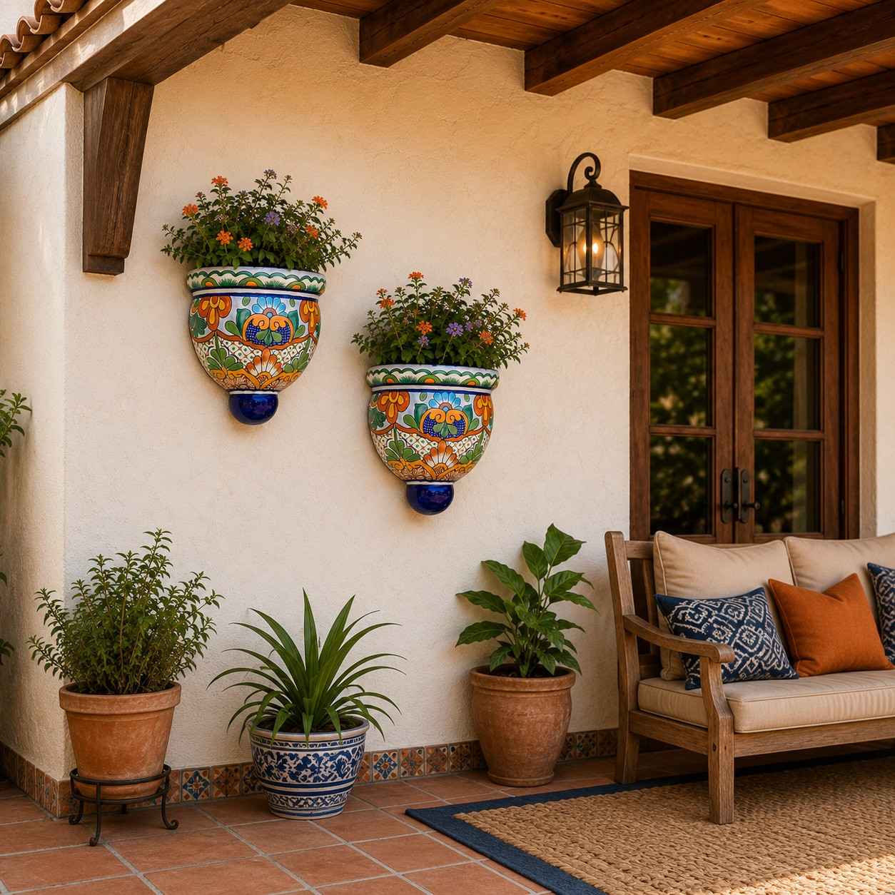 Artisan talavera wall sconces bringing colorful floral detail to a covered outdoor porch