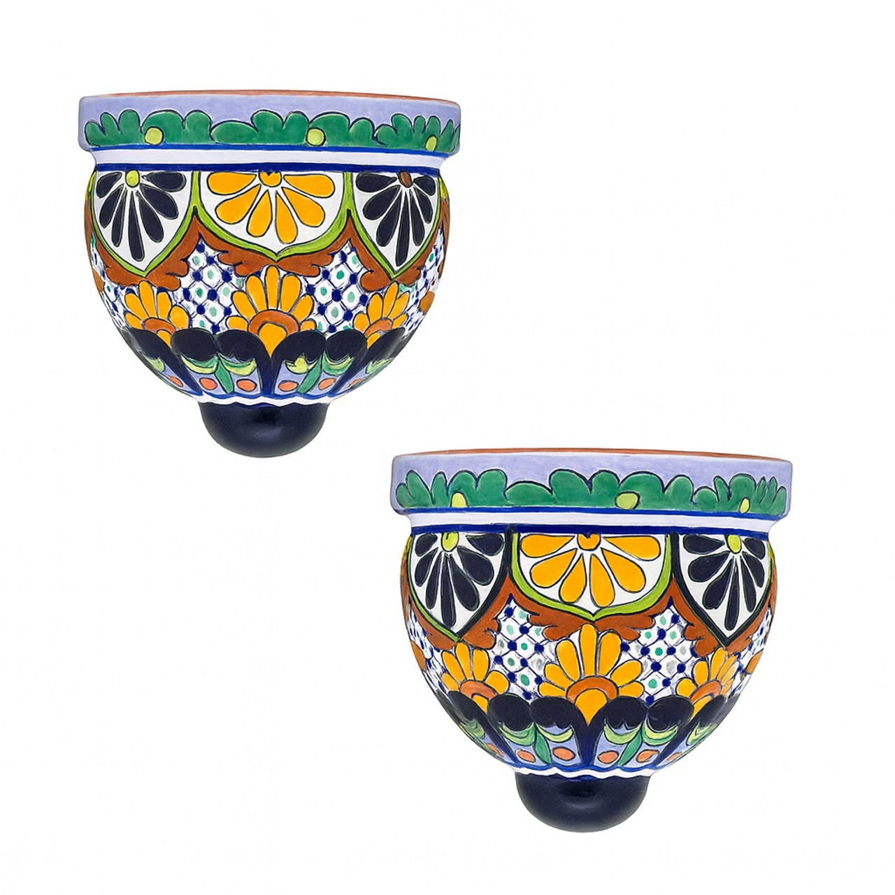 Pair of Talavera wall sconce with yellow and blue floral motifs