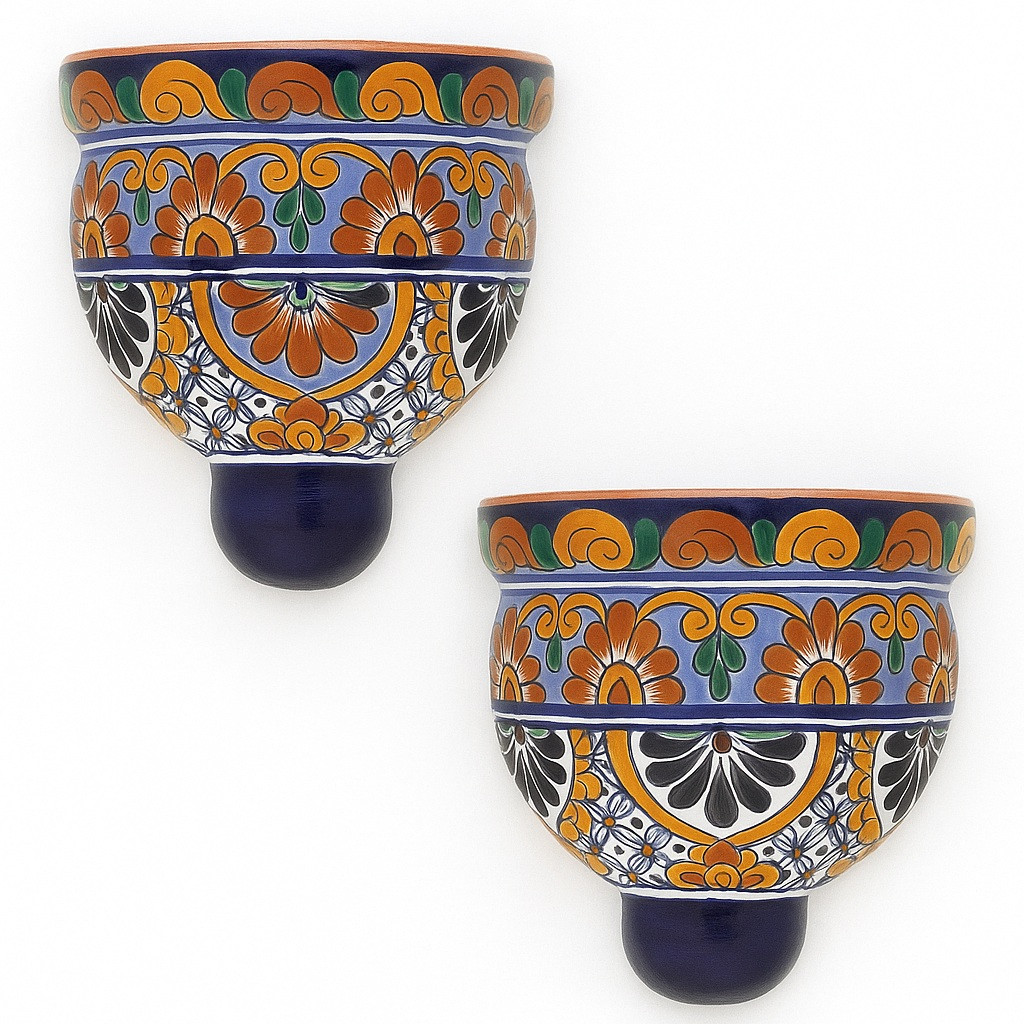 Pair of colorful floral design Talavera wall sconces