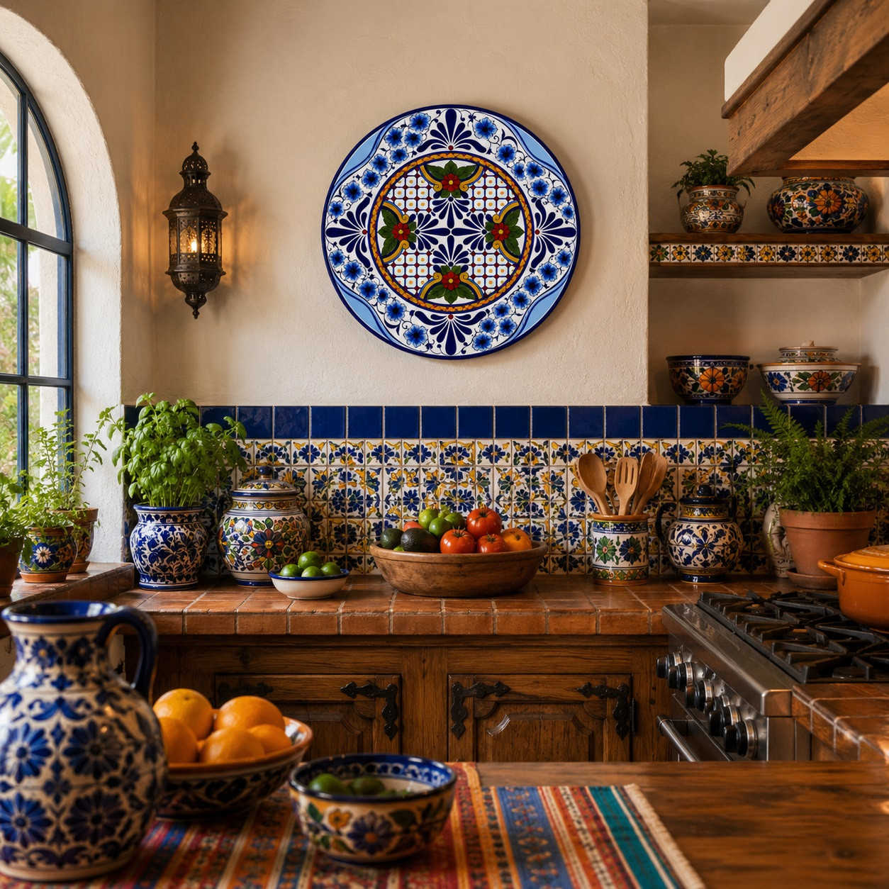 Blue Floral Decorative Talavera Plate with Red Flower Accents