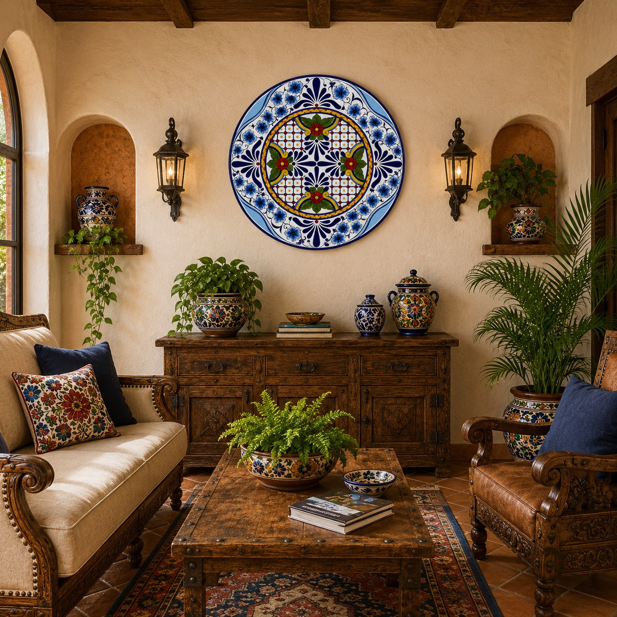 Blue floral decorative talavera plate with red flower accents enhancing a rustic hacienda living space with traditional charm
