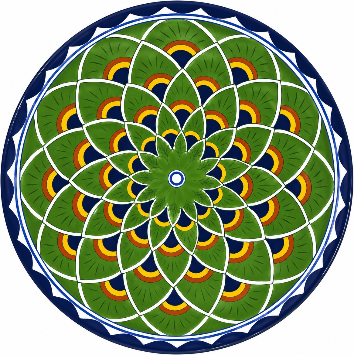 Green mandala decorative talavera plate with navy geometric accents