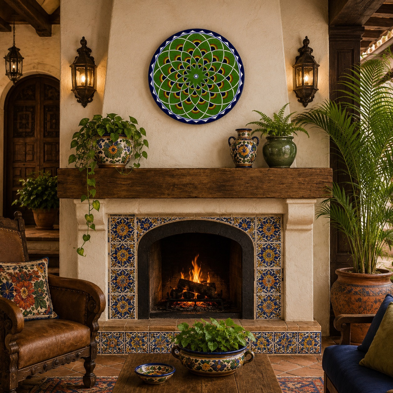 Green mandala decorative talavera plate with navy geometric accents above a fireplace