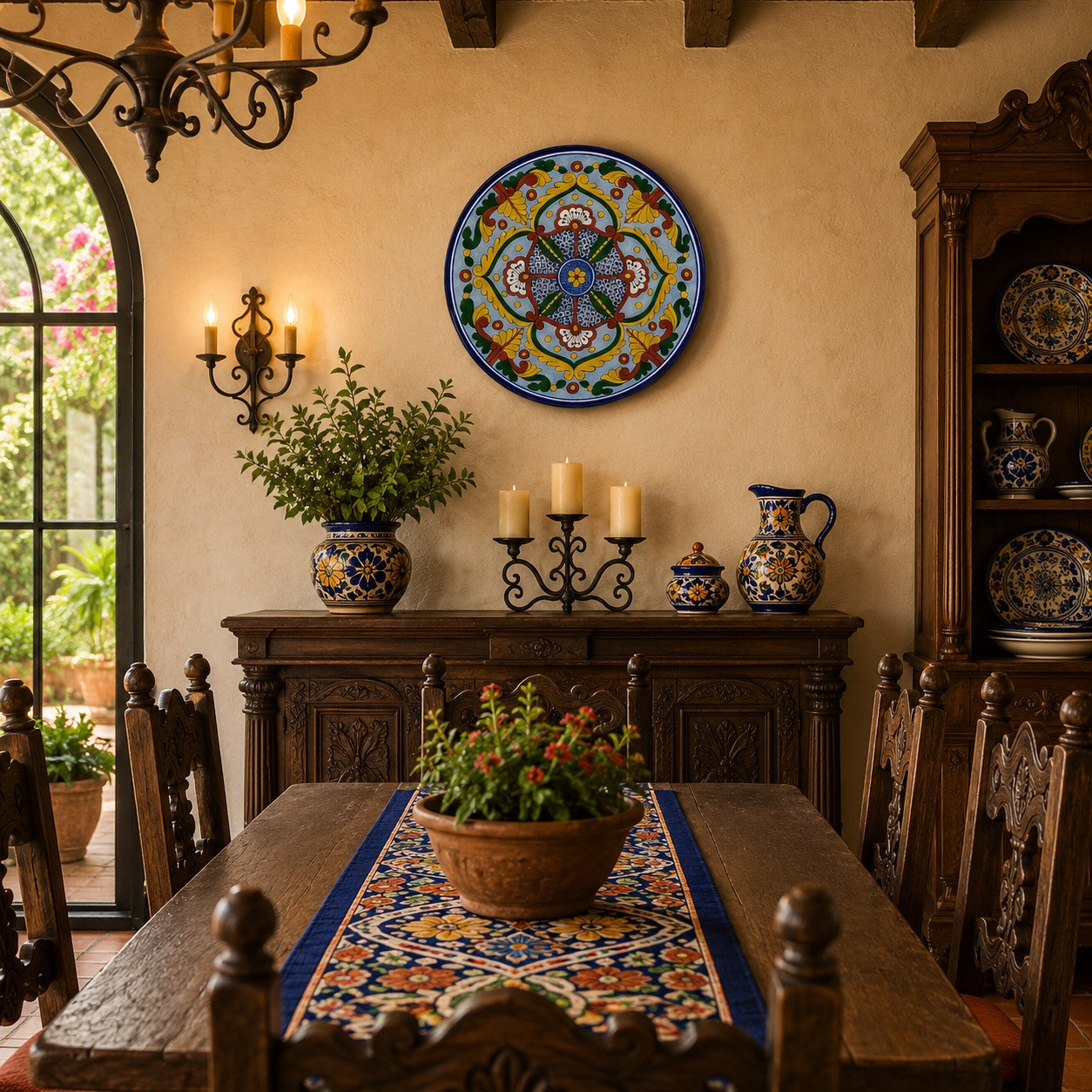 Sky blue floral decorative talavera plate with traditional Mexican design displayed in a Spanish colonial dining room wall arrangement