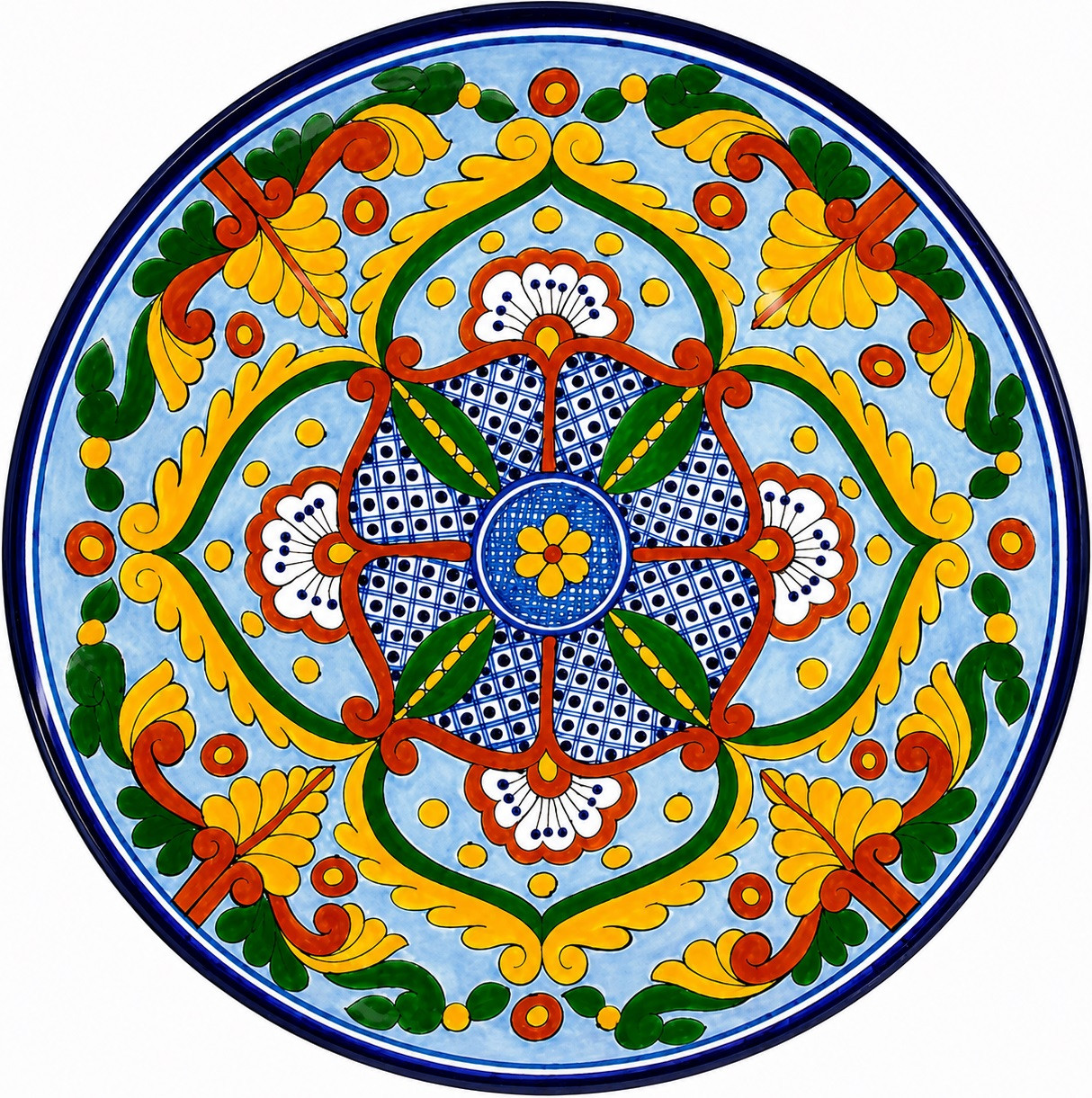 Sky blue floral decorative talavera plate with traditional Mexican design