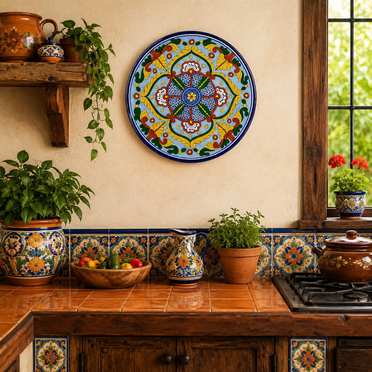 Sky blue floral decorative talavera plate with traditional Mexican design decorating a colorful Mexican kitchen accent wall