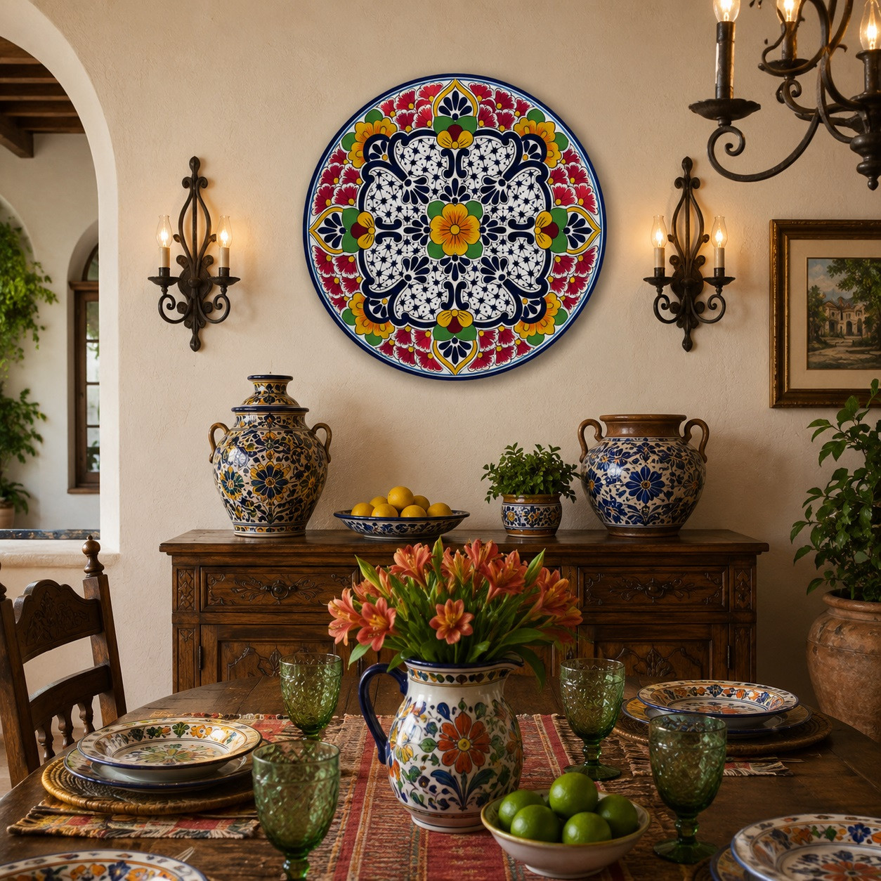 Floral scrollwork decorative talavera plate with red border design showcased in an elegant Spanish dining room setting