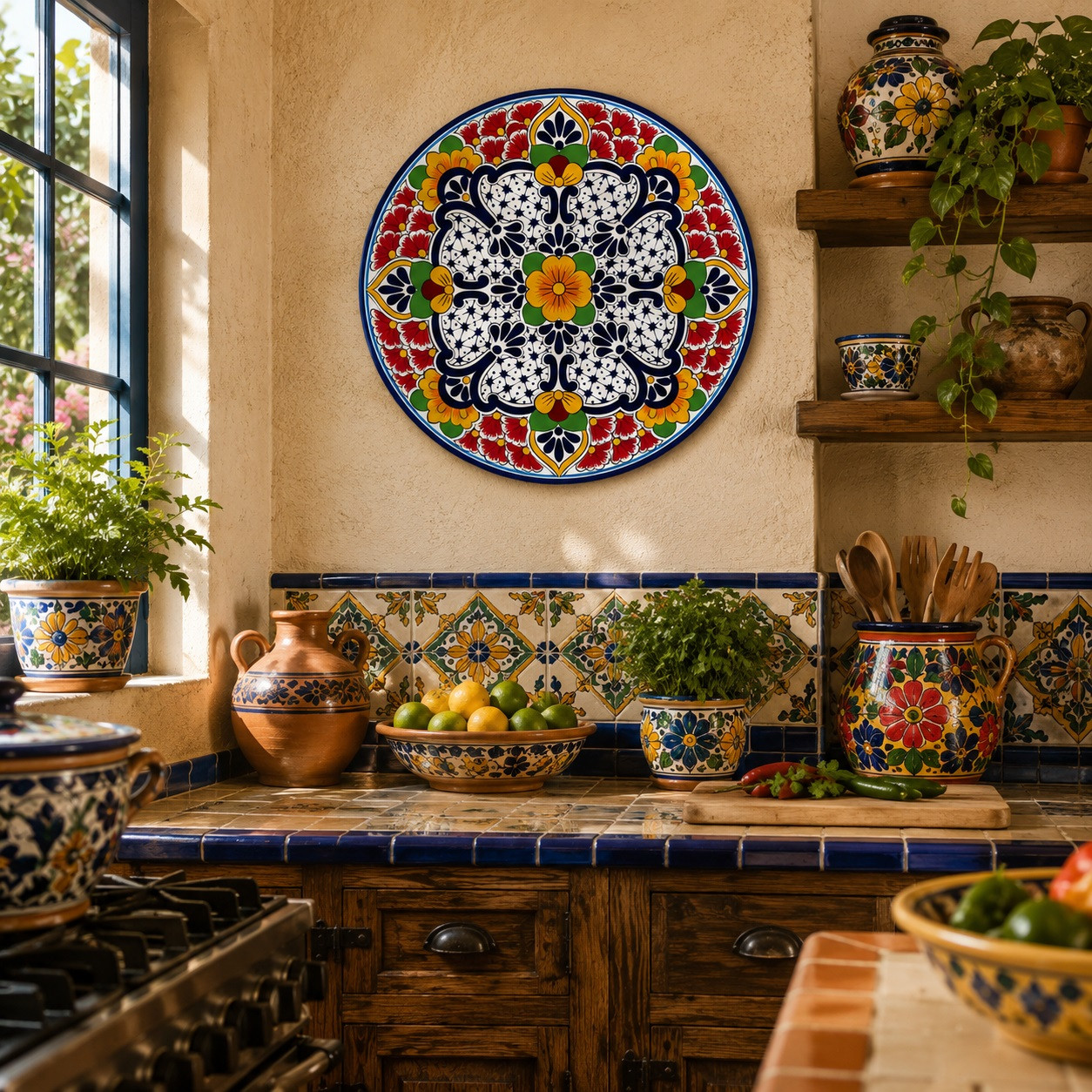 Floral scrollwork decorative talavera plate with red border design displayed on a colorful Mexican kitchen wall with artisan accents