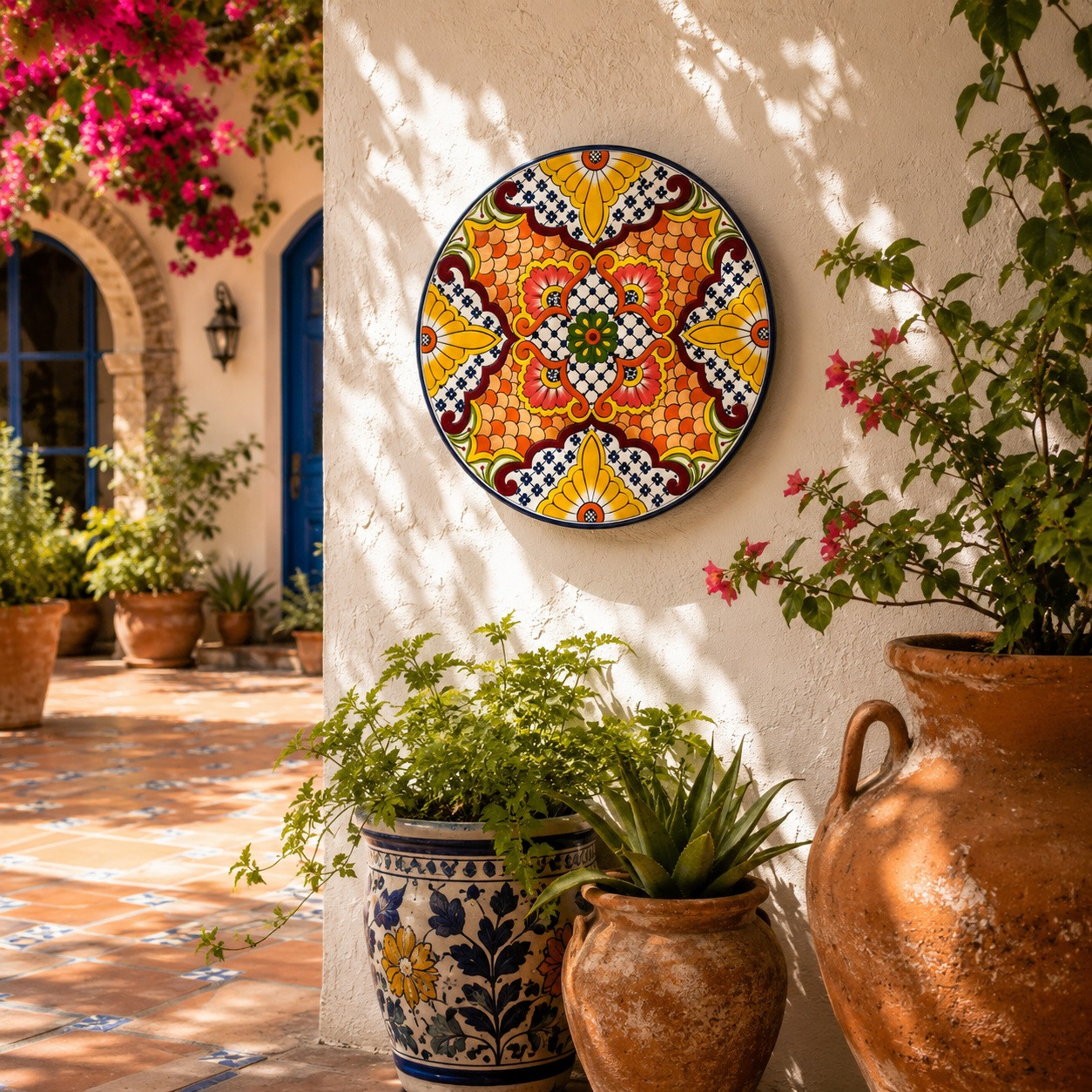 Yellow floral decorative talavera plate with blue lattice design showcased in a Mediterranean courtyard with natural sunlight