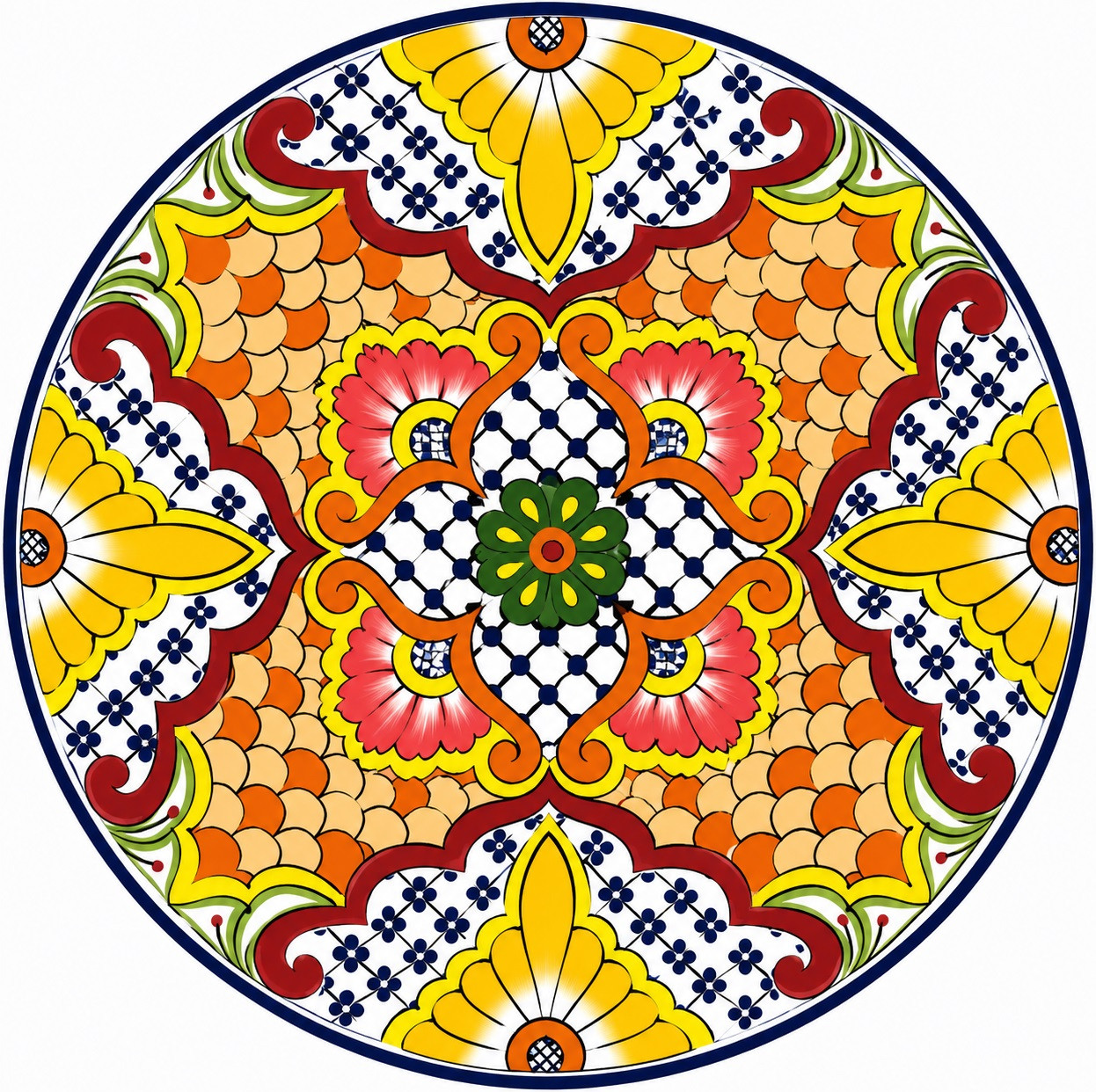 Yellow floral decorative talavera plate with blue lattice design