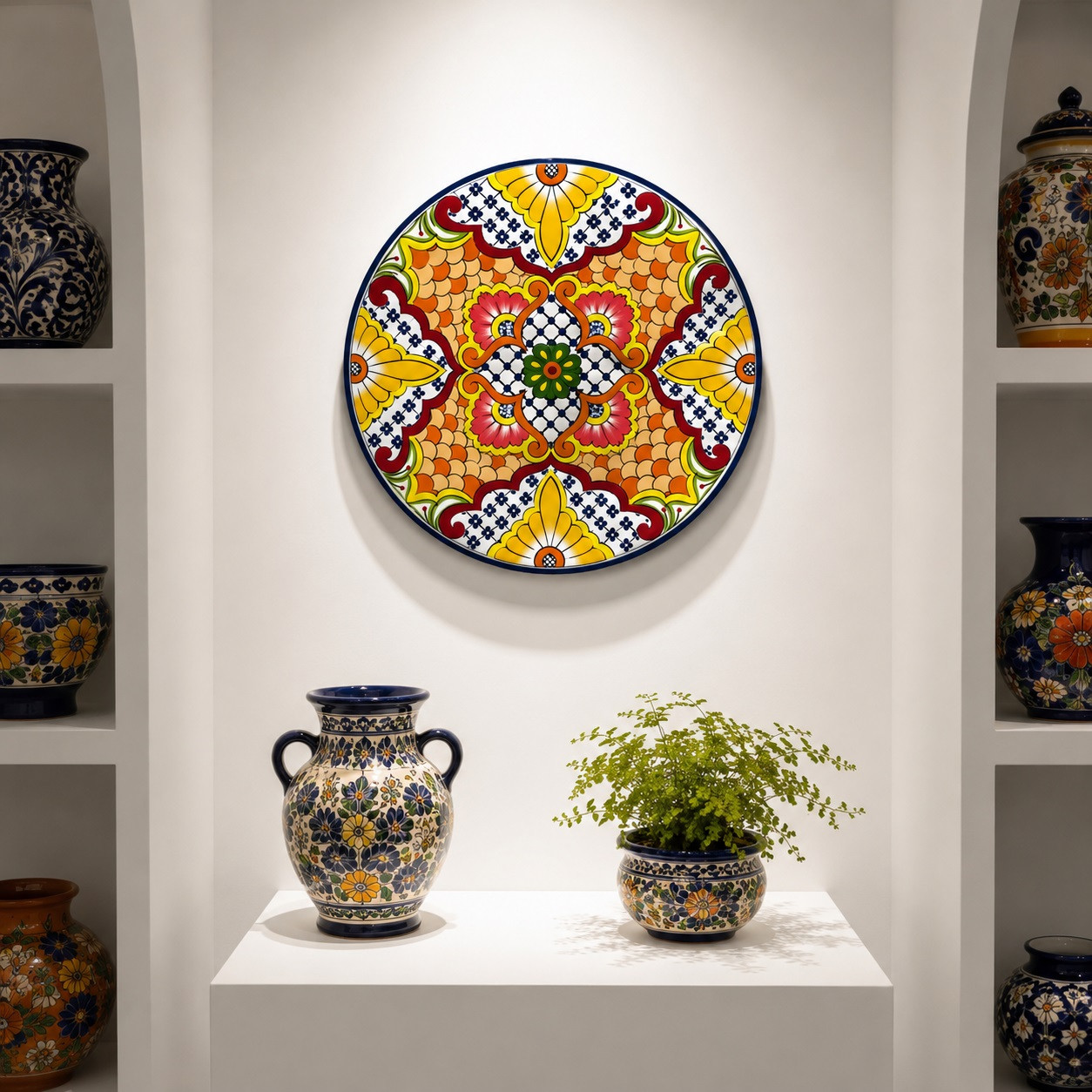 Yellow floral decorative talavera plate with blue lattice design presented in a white gallery emphasizing artisan craftsmanship