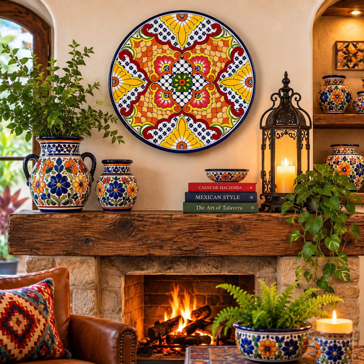 Yellow floral decorative talavera plate with blue lattice design mounted above a rustic fireplace in a cozy interior