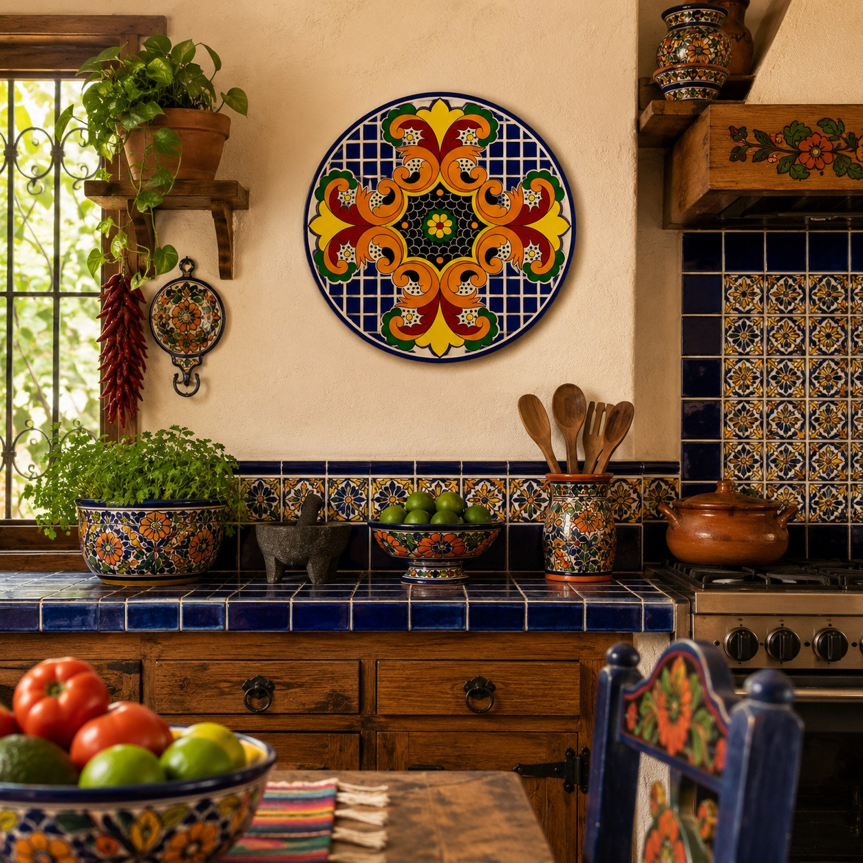 Orange scroll decorative talavera plate with cobalt geometric pattern decorating a traditional Mexican kitchen with colorful accents