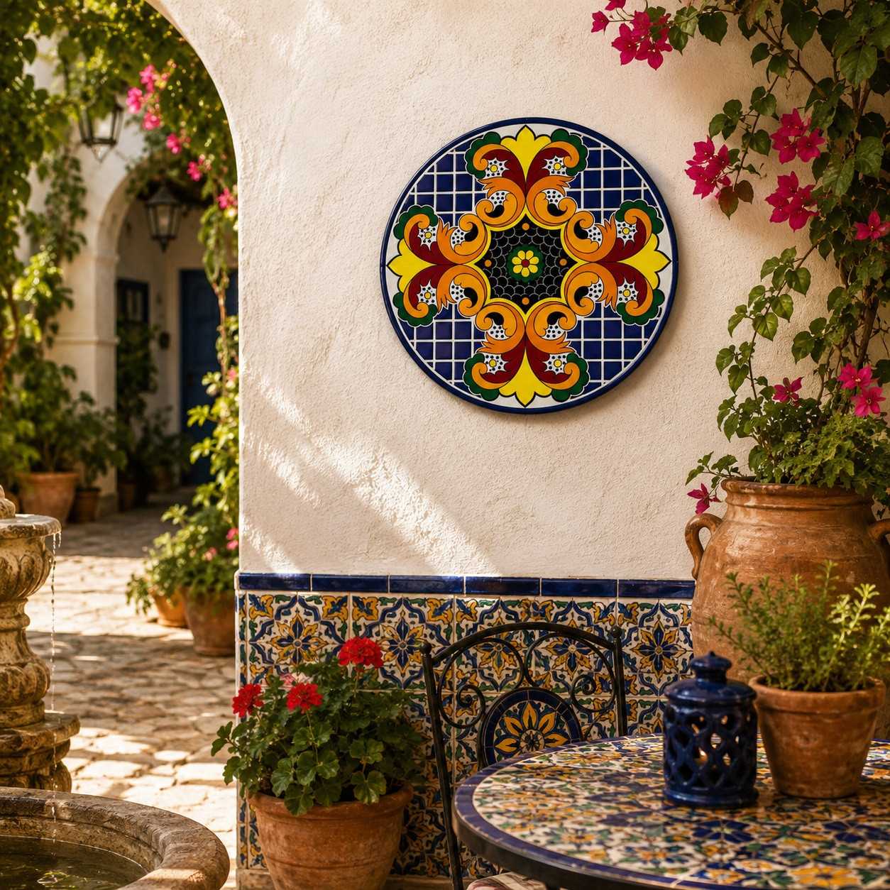 Orange scroll decorative talavera plate with cobalt geometric pattern mounted in a Mediterranean courtyard with natural light