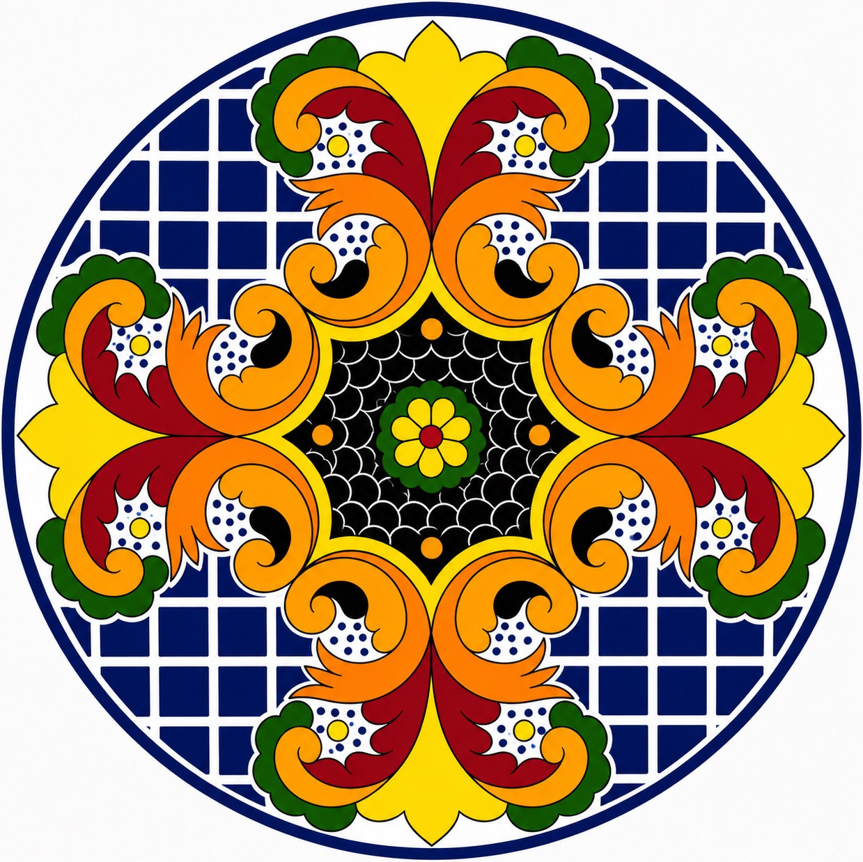 Orange scroll decorative talavera plate with cobalt geometric pattern