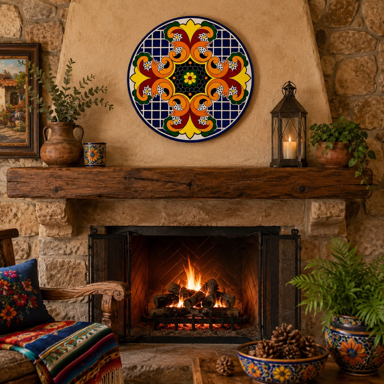 Orange scroll decorative talavera plate with cobalt geometric pattern displayed above a rustic fireplace mantel as focal décor