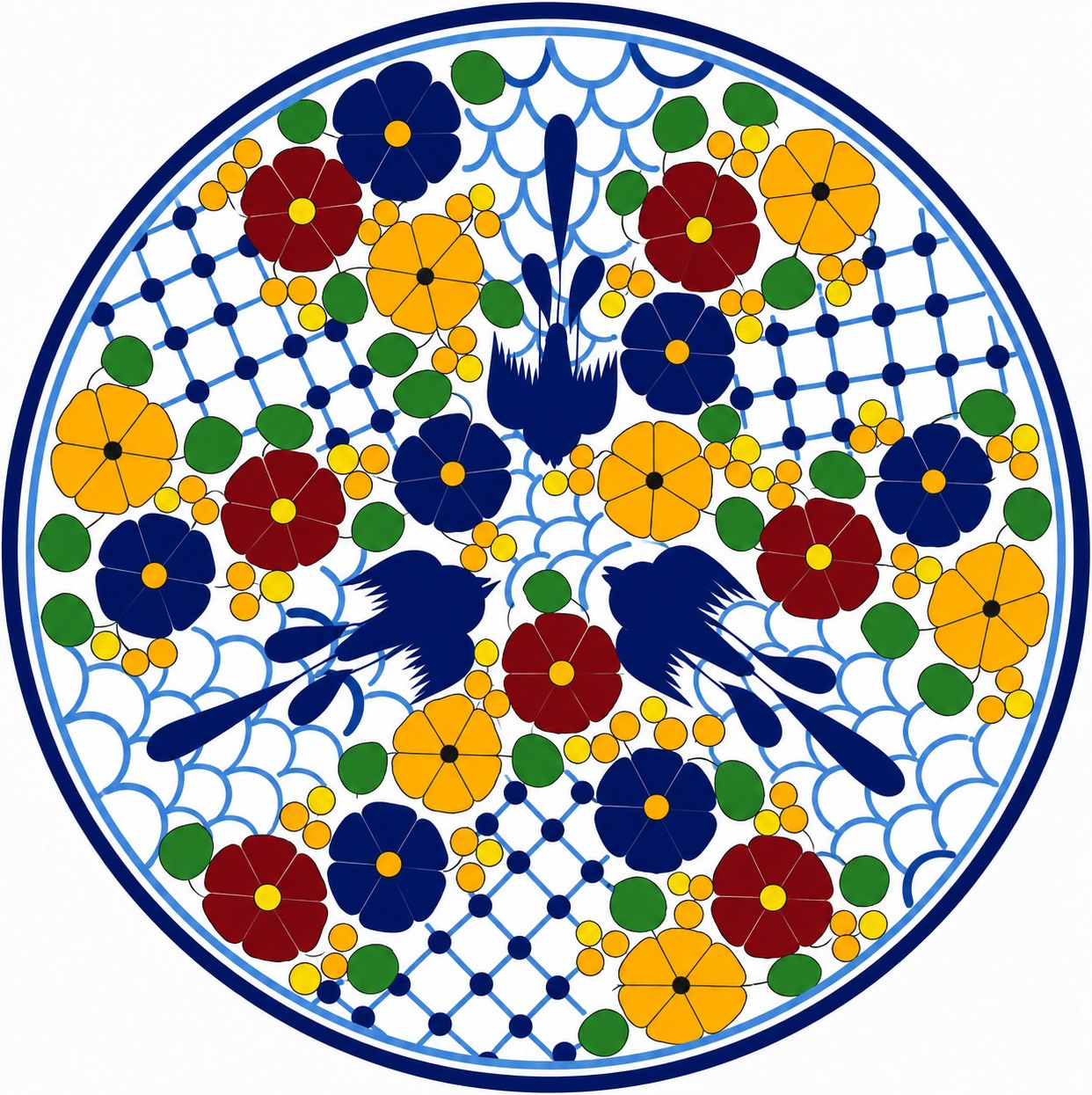 Bird floral decorative talavera plate with blue lattice pattern