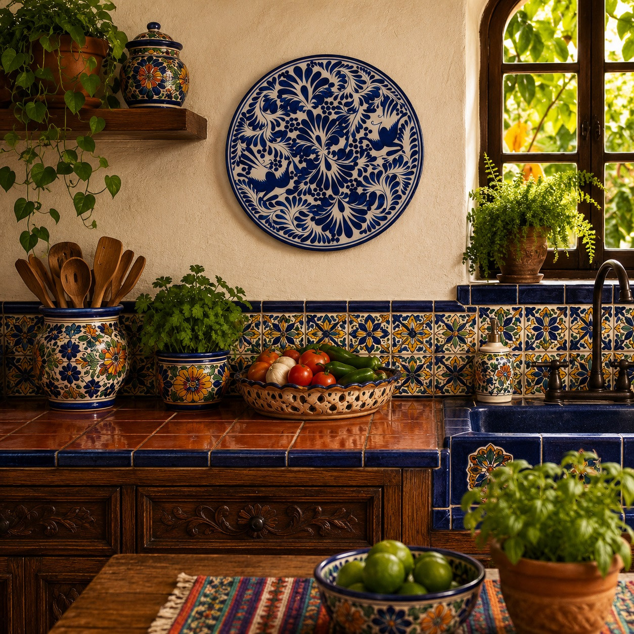 Blue bird decorative talavera plate with floral vine design displayed on a rustic Mexican kitchen wall with colorful artisan accents