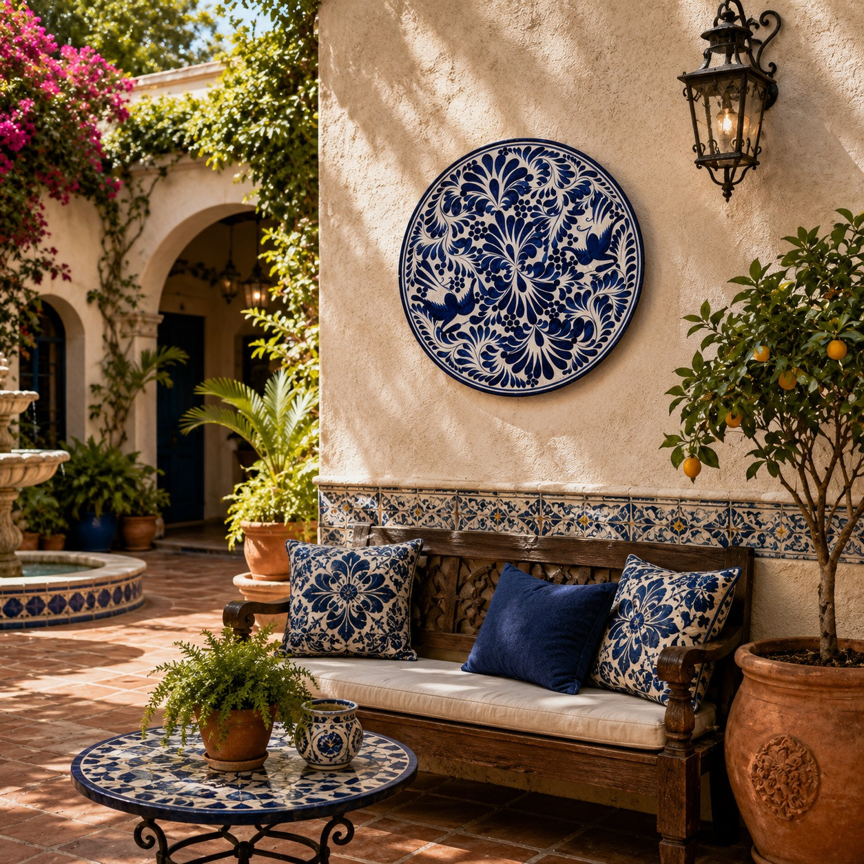 Blue bird decorative talavera plate with floral vine design featured in a sunny Mediterranean courtyard with classic décor
