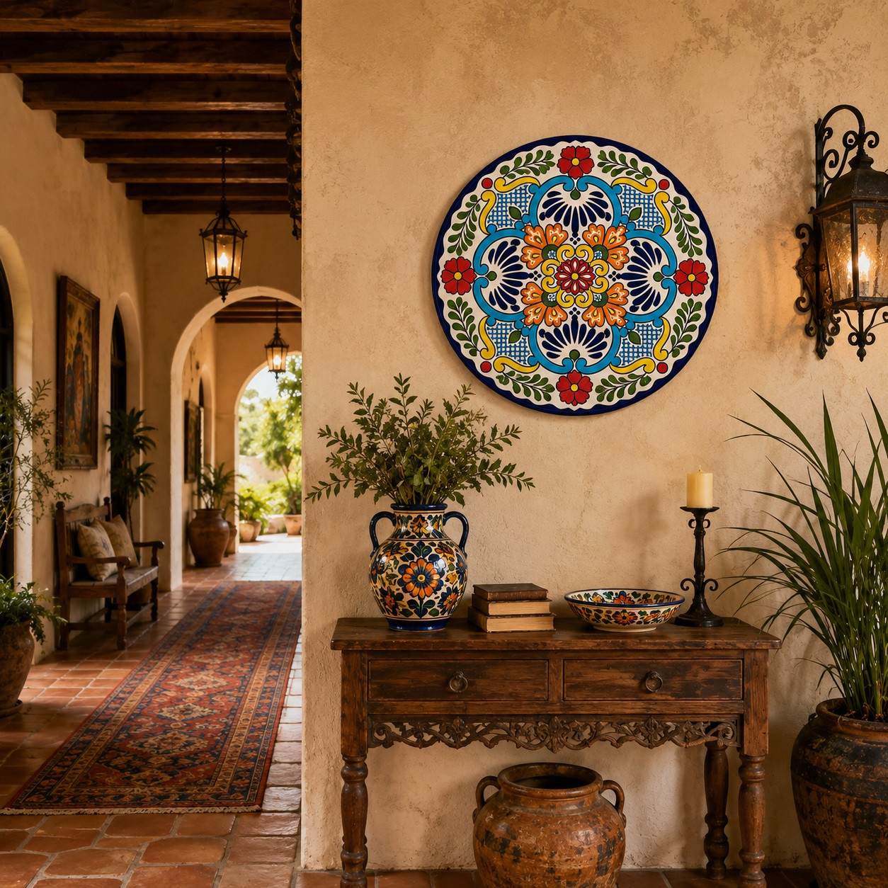 Colorful floral decorative talavera plate with turquoise motif decorating a hacienda hallway with rustic textures and artwork