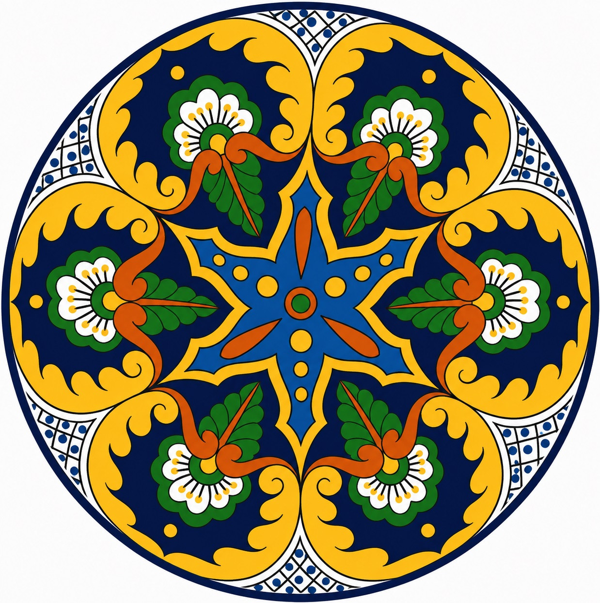 Star medallion decorative talavera plate with yellow scroll design
