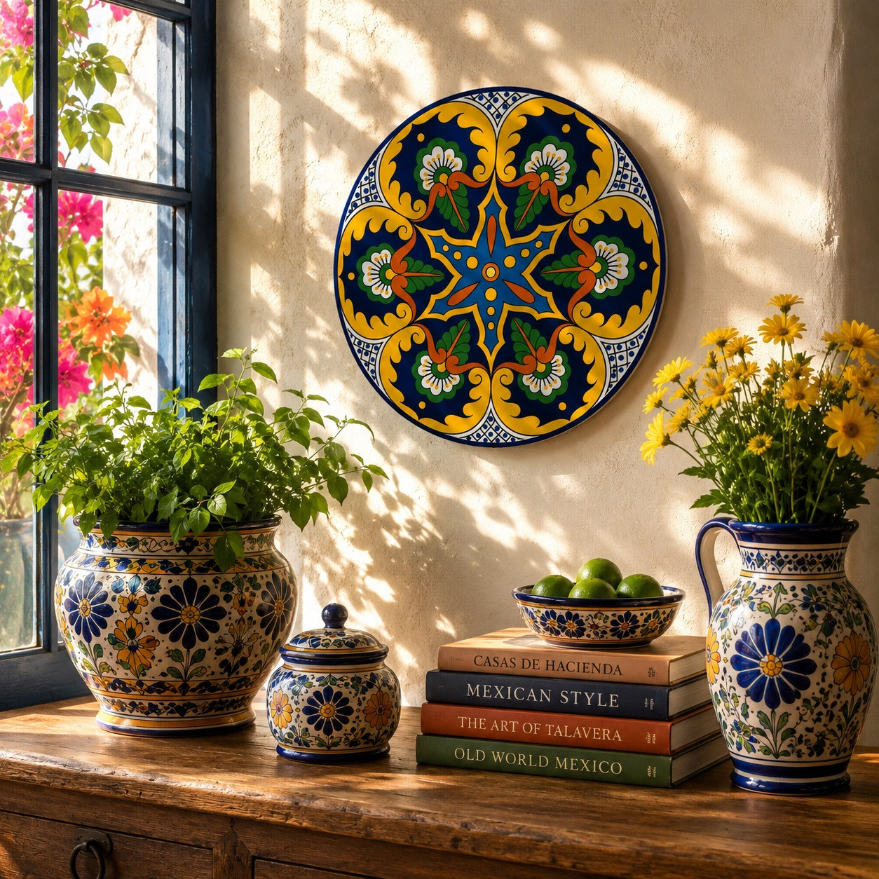 Star medallion decorative talavera plate with yellow scroll design illuminated by natural sunlight near a bright window display