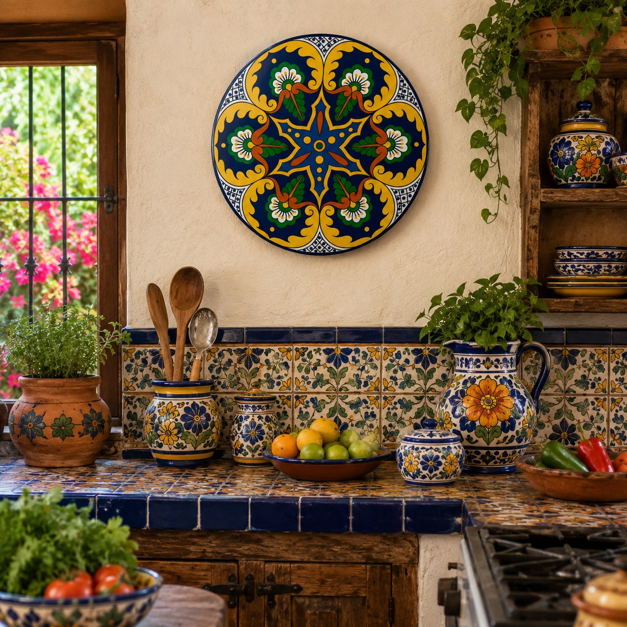 Star medallion decorative talavera plate with yellow scroll design displayed on a colorful wall in a traditional Mexican kitchen setting