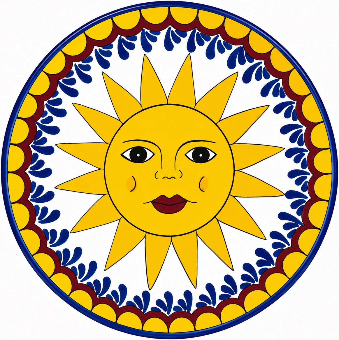 Sun face decorative talavera plate with yellow and blue design