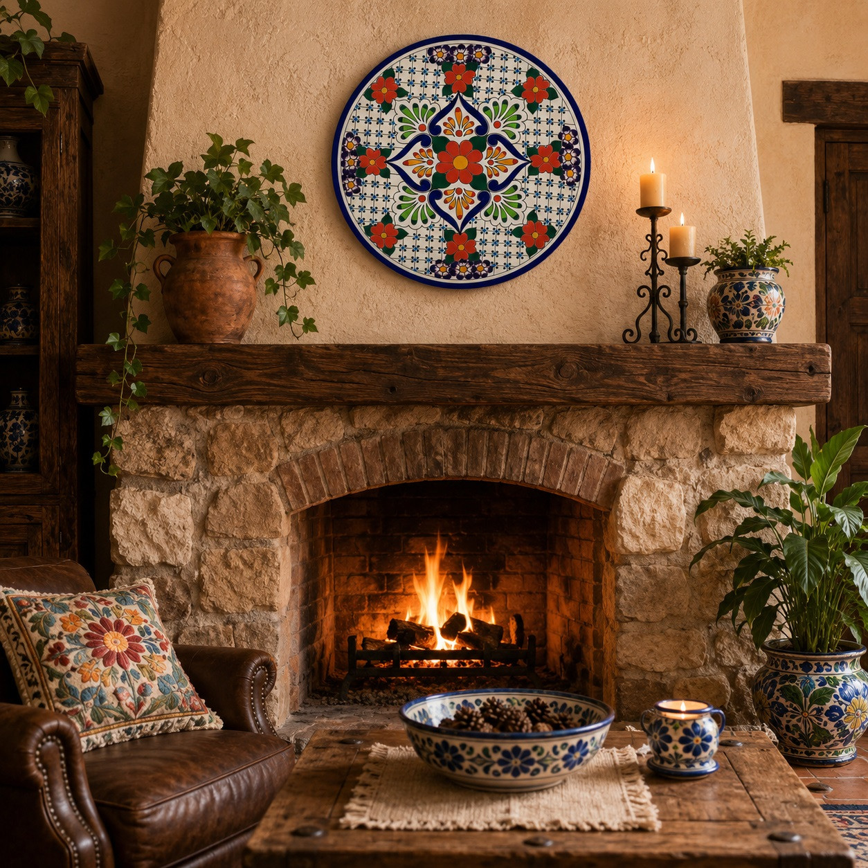 Red floral decorative talavera plate with blue lattice design featured above a rustic fireplace with handcrafted accents