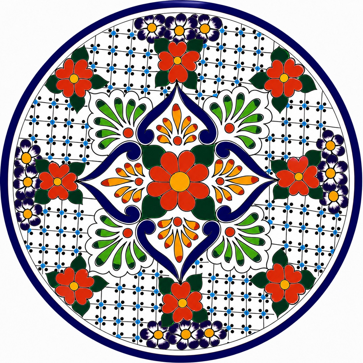 Red floral decorative talavera plate with blue lattice design