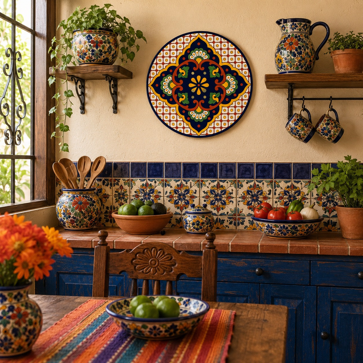 Blue medallion decorative talavera plate with yellow lattice design displayed on a colorful Mexican kitchen wall with artisan decor accents