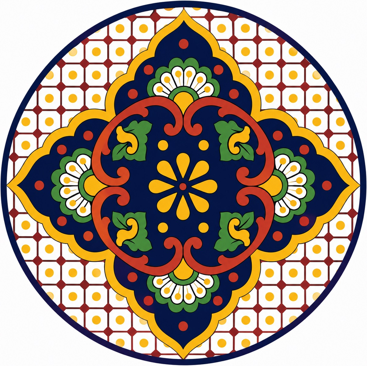 Blue medallion decorative talavera plate with yellow lattice design