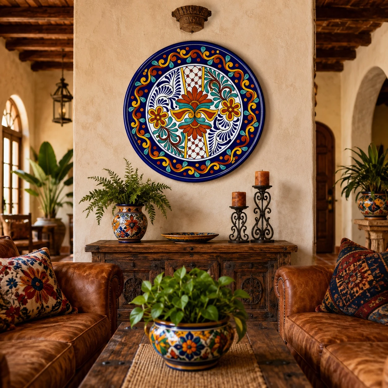 Cobalt blue decorative talavera plate with orange floral medallion showcased in a warm hacienda living room with rustic furnishings