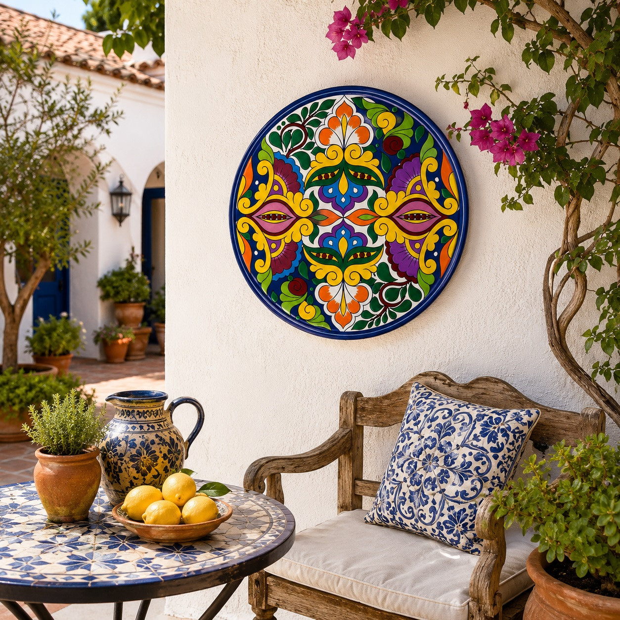 Colorful floral decorative talavera plate with cobalt blue rim showcased in a Mediterranean courtyard setting