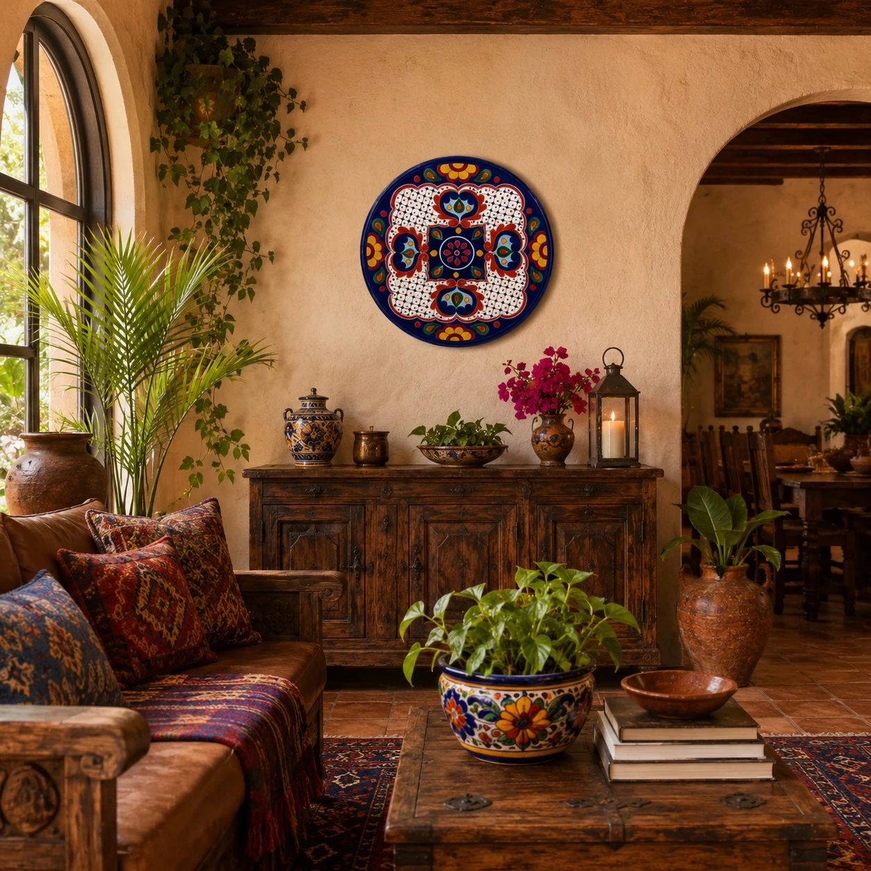 Cobalt rim decorative talavera plate with red floral lattice design showcased in a warm hacienda living room with rustic accents