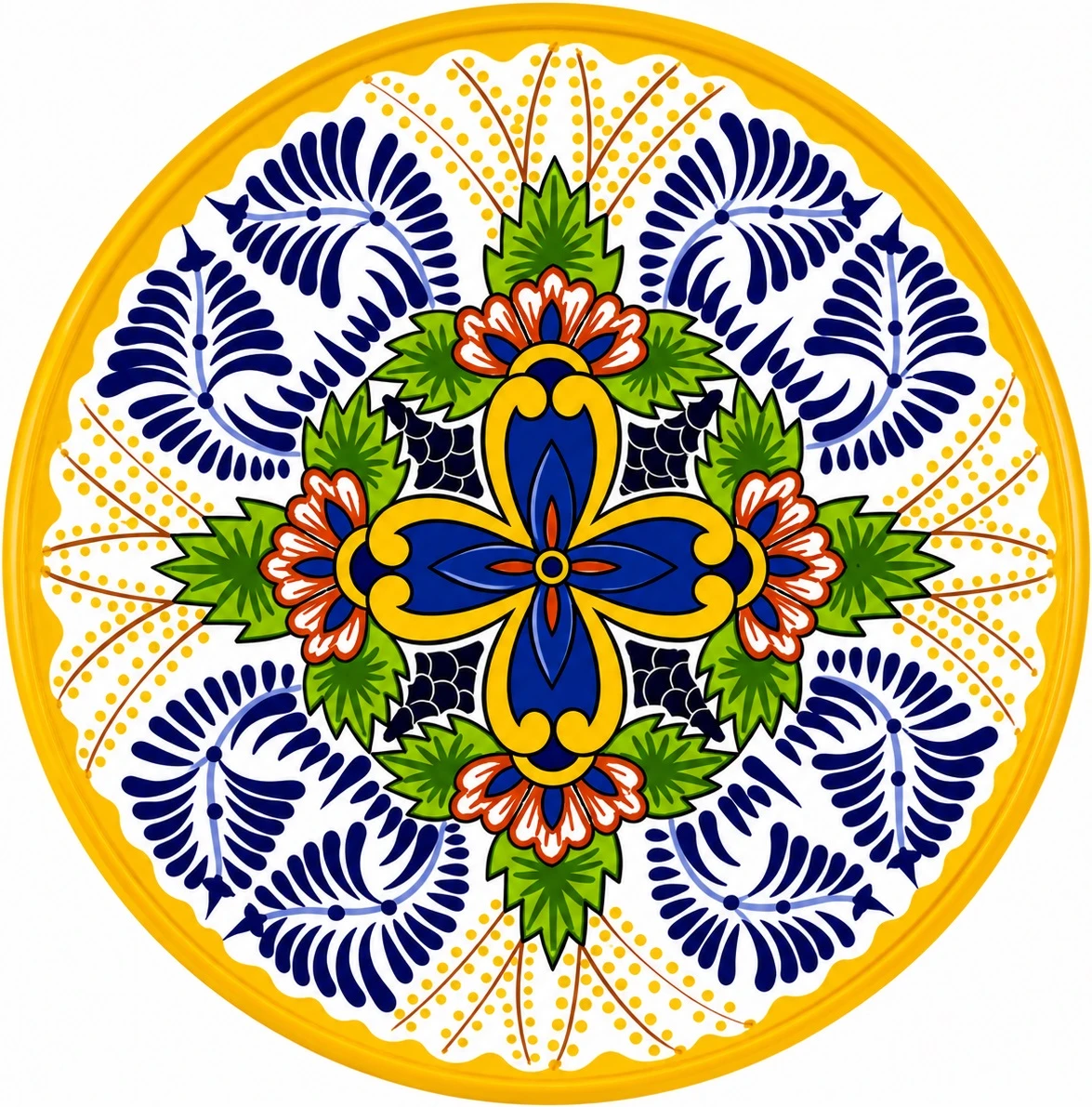 Yellow rim decorative talavera plate with blue floral cross design