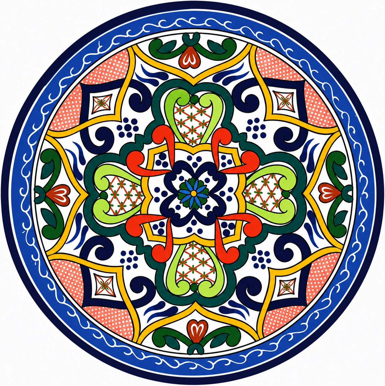 Blue medallion decorative talavera plate with green scrollwork design