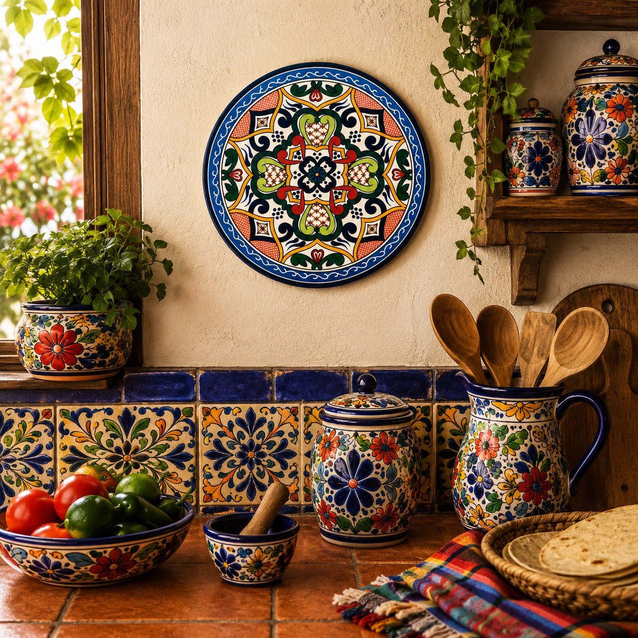 Blue medallion decorative talavera plate with green scrollwork design displayed on a colorful wall in a traditional Mexican kitchen setting