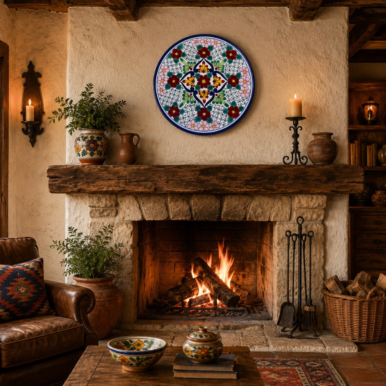 Floral lattice decorative talavera plate with cobalt blue rim displayed showcased above a rustic fireplace with natural materials and charm