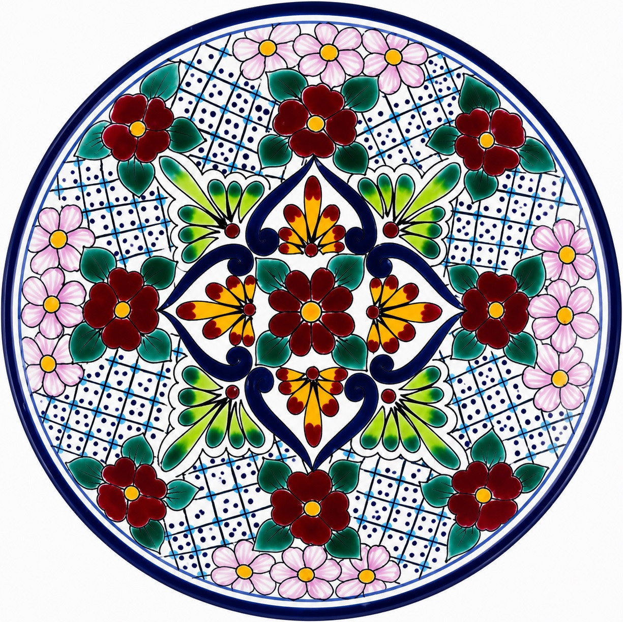 Floral lattice decorative talavera plate with cobalt blue rim