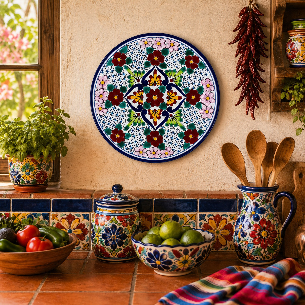 Floral lattice decorative talavera plate with cobalt blue rim displayed in a colorful Mexican kitchen with artisan pottery and rustic wood accents