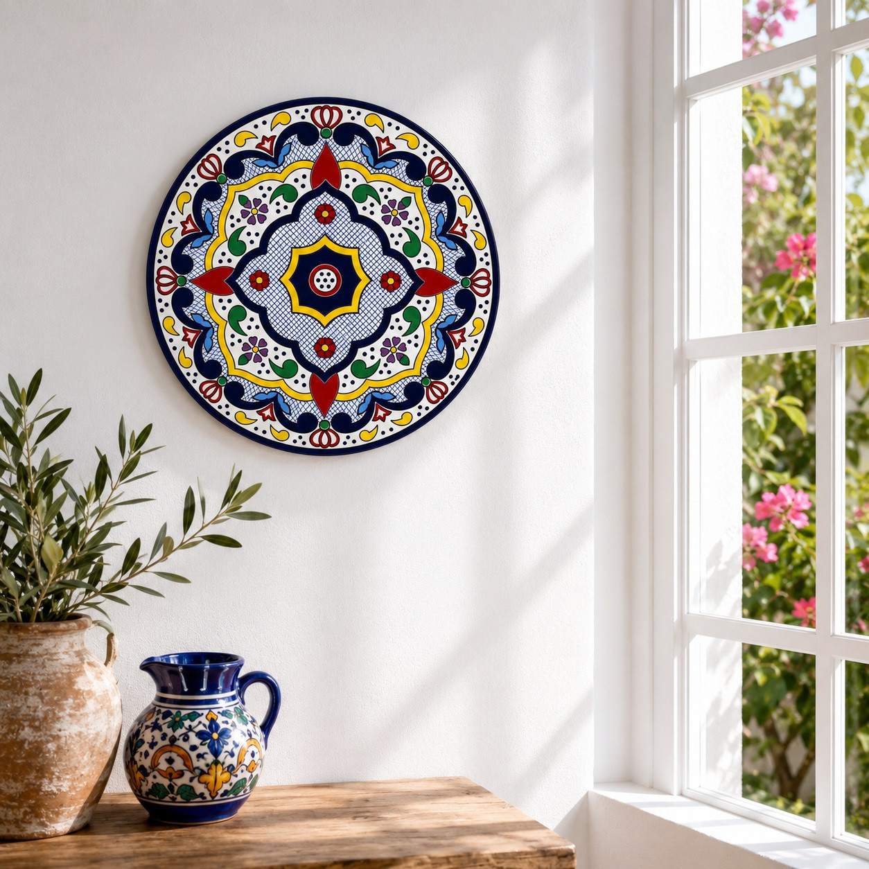 Traditional geometric decorative talavera plate with floral Mexican motifs displayed on white walls beside a sunlit window in a bright Spanish-inspired interior.