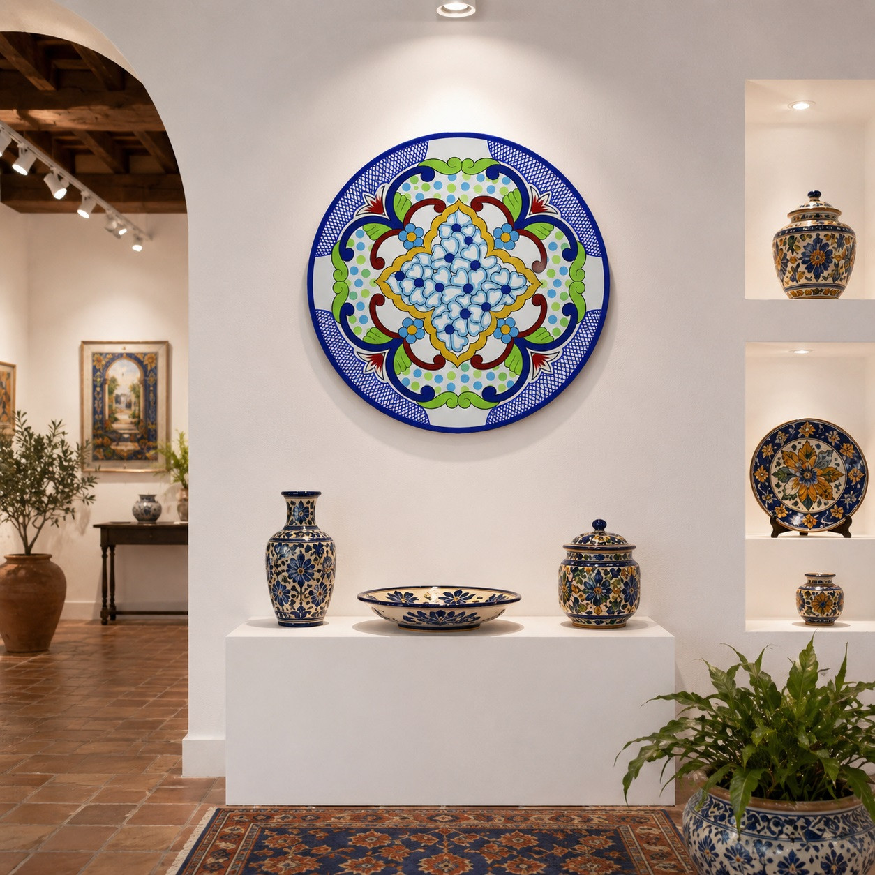 Blue floral decorative talavera plate with green scrollwork pattern showcased in a white gallery setting highlighting colorful ceramic artistry