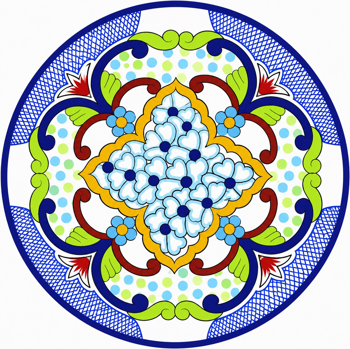 Blue floral decorative talavera plate with green scrollwork pattern